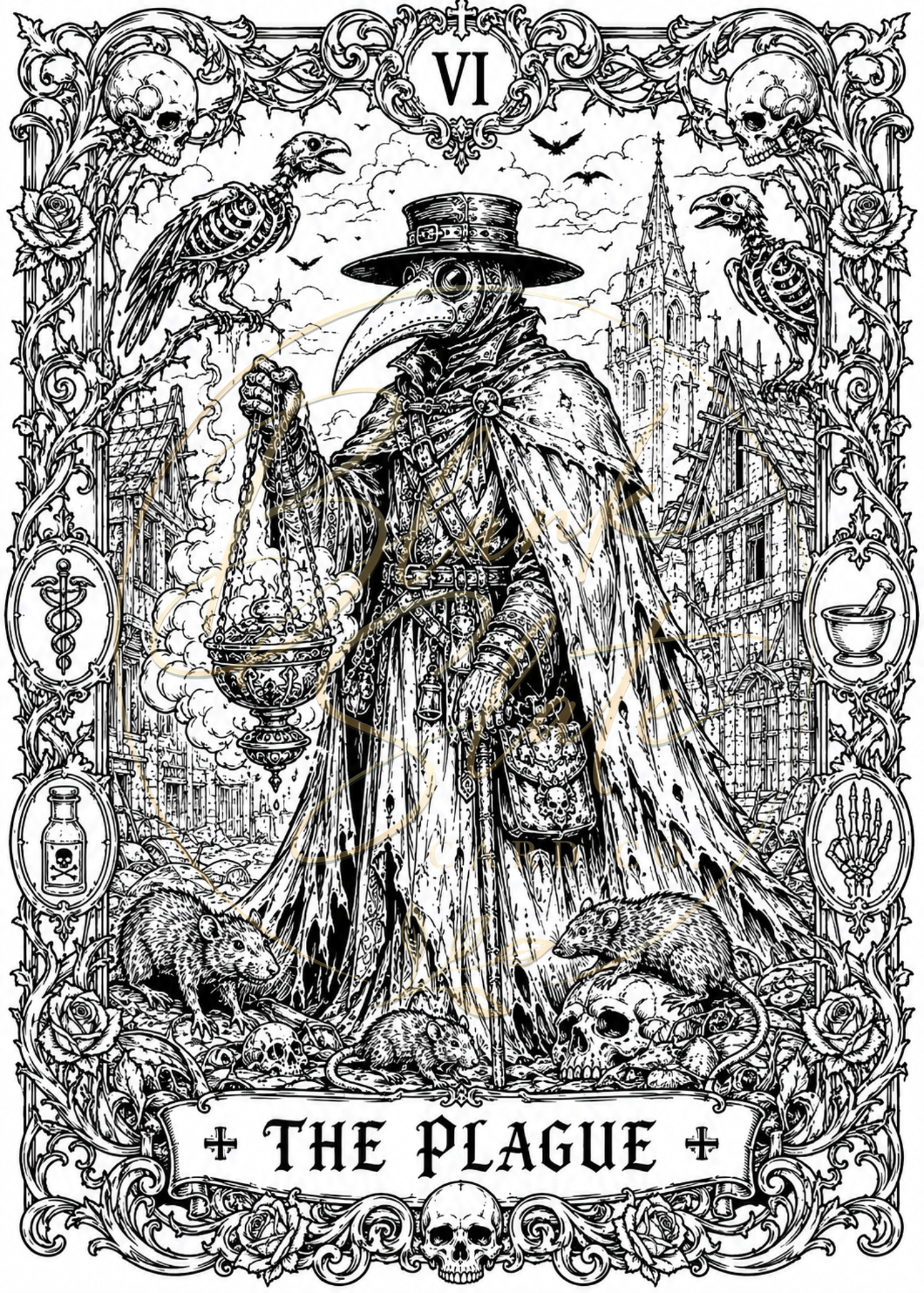 The Plague Halloween Coloring Card – Gothic Plague Doctor Greeting Card | 5x7 Adult Coloring Card