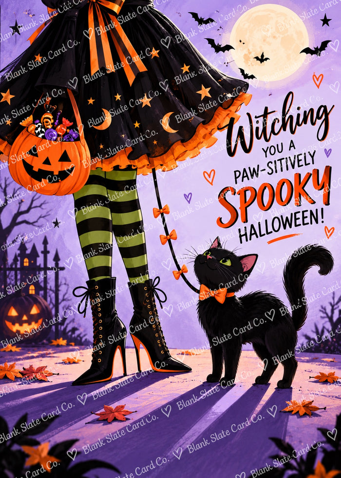 Halloween greeting card mockup featuring a witch's boots, pumpkin candy bucket and black cat beside a kraft envelope