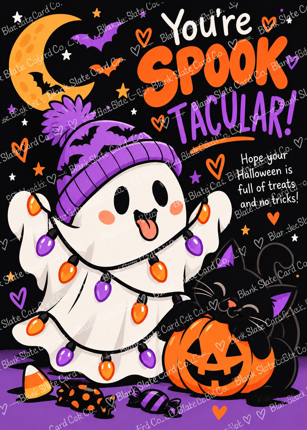 Watermarked Halloween greeting card featuring a ghost in a purple beanie and black cat with pumpkin