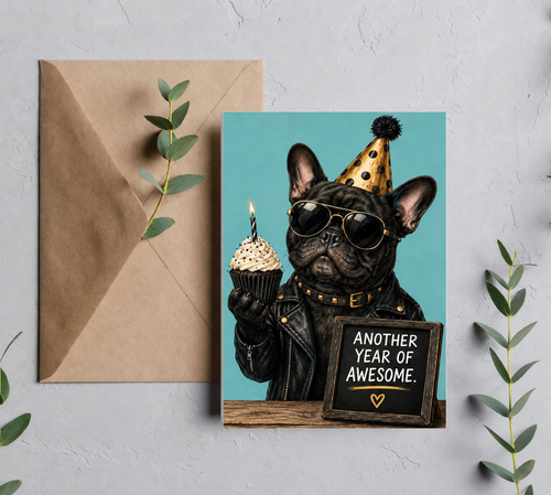 Another Year of Awesome Funny French Bulldog birthday greeting card mockup