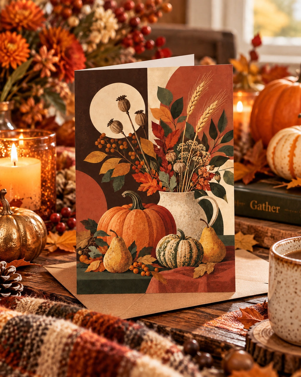 Autumn harvest greeting card displayed with candles and fall decorations