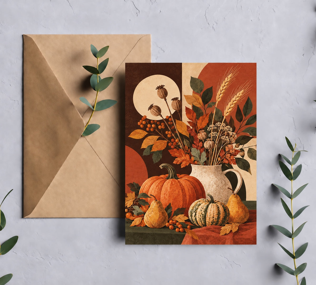 Autumn harvest botanical 5x7 Thanksgiving greeting card with kraft envelope