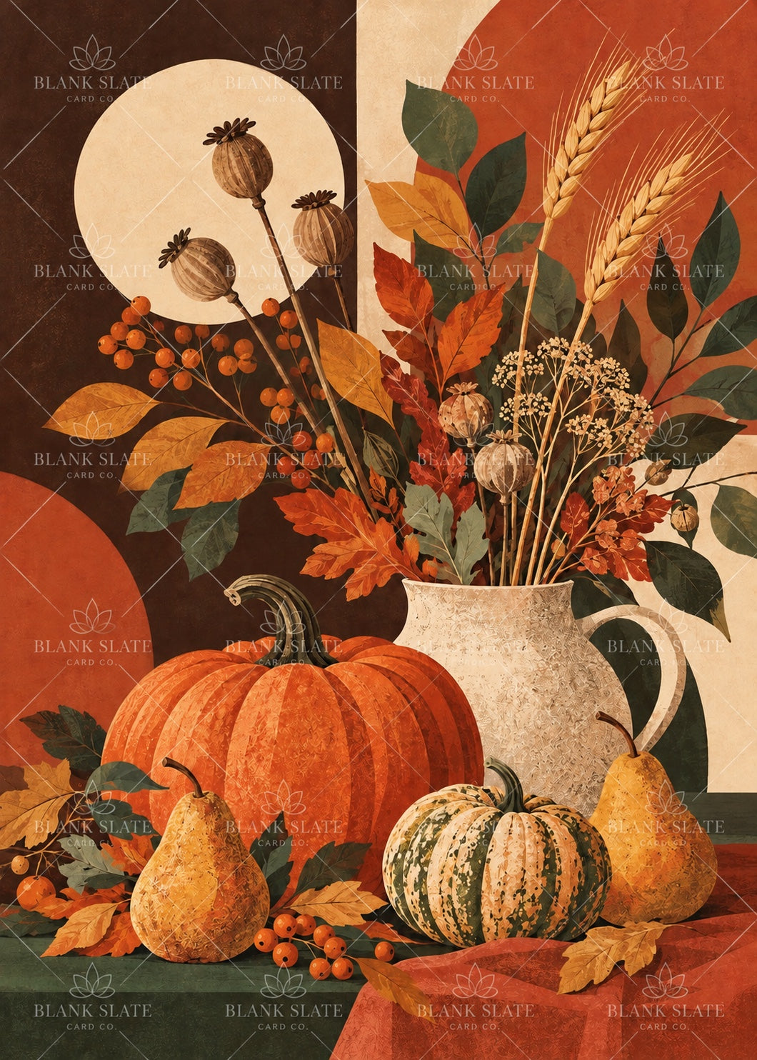 Couple admiring botanical autumn harvest greeting card