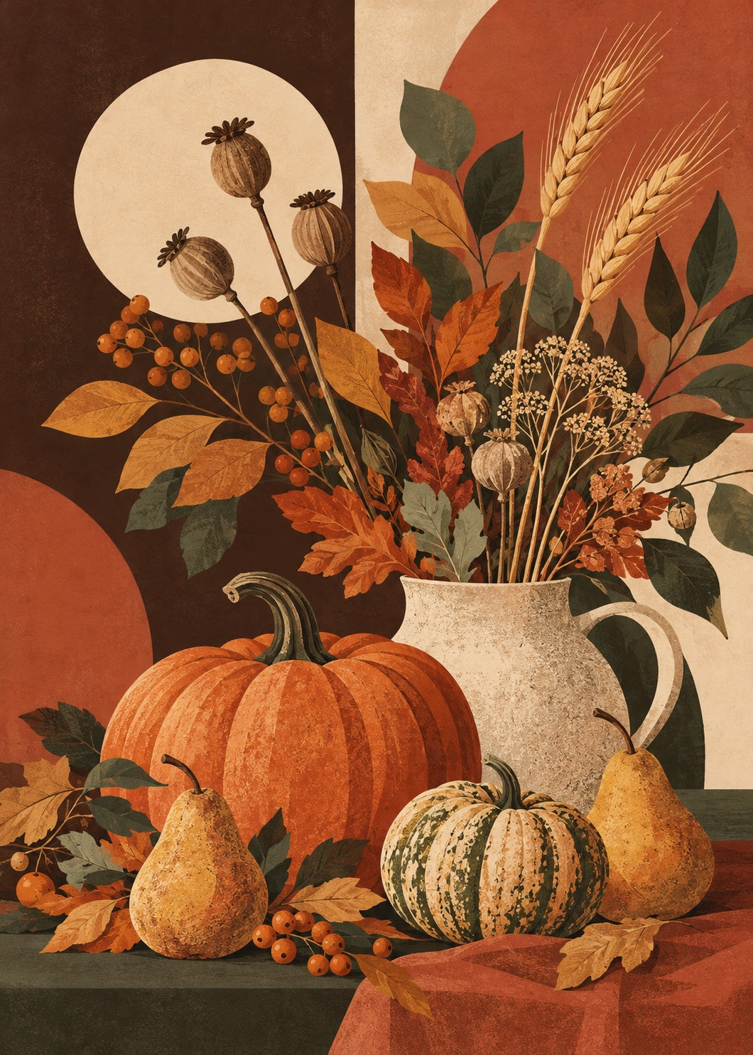 Unwatermarked autumn harvest illustration with pumpkin wheat pears and flowers