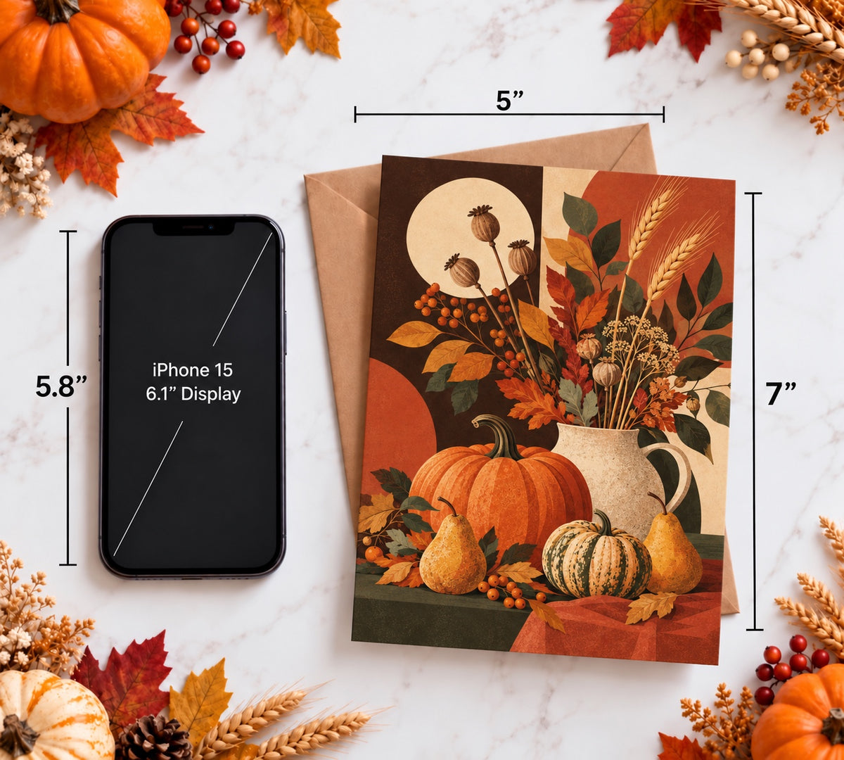 5x7 Thanksgiving card size comparison beside an iPhone 15