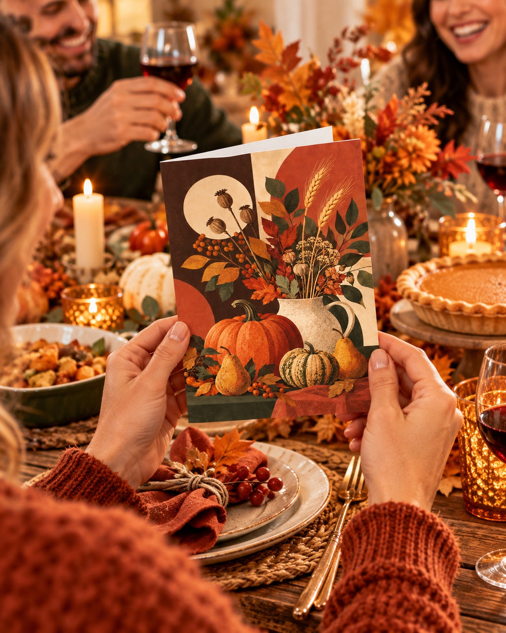 Thanksgiving gathering with autumn harvest greeting card in foreground