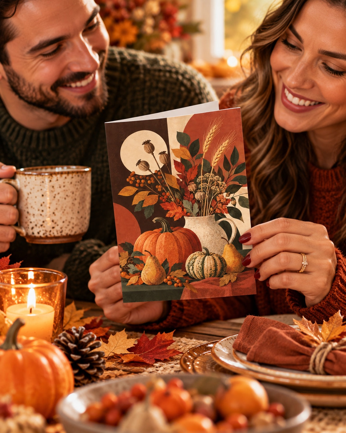 Watermarked autumn harvest pumpkin and botanical greeting card artwork