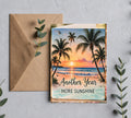 Beach sunset birthday greeting card mockup with kraft envelope