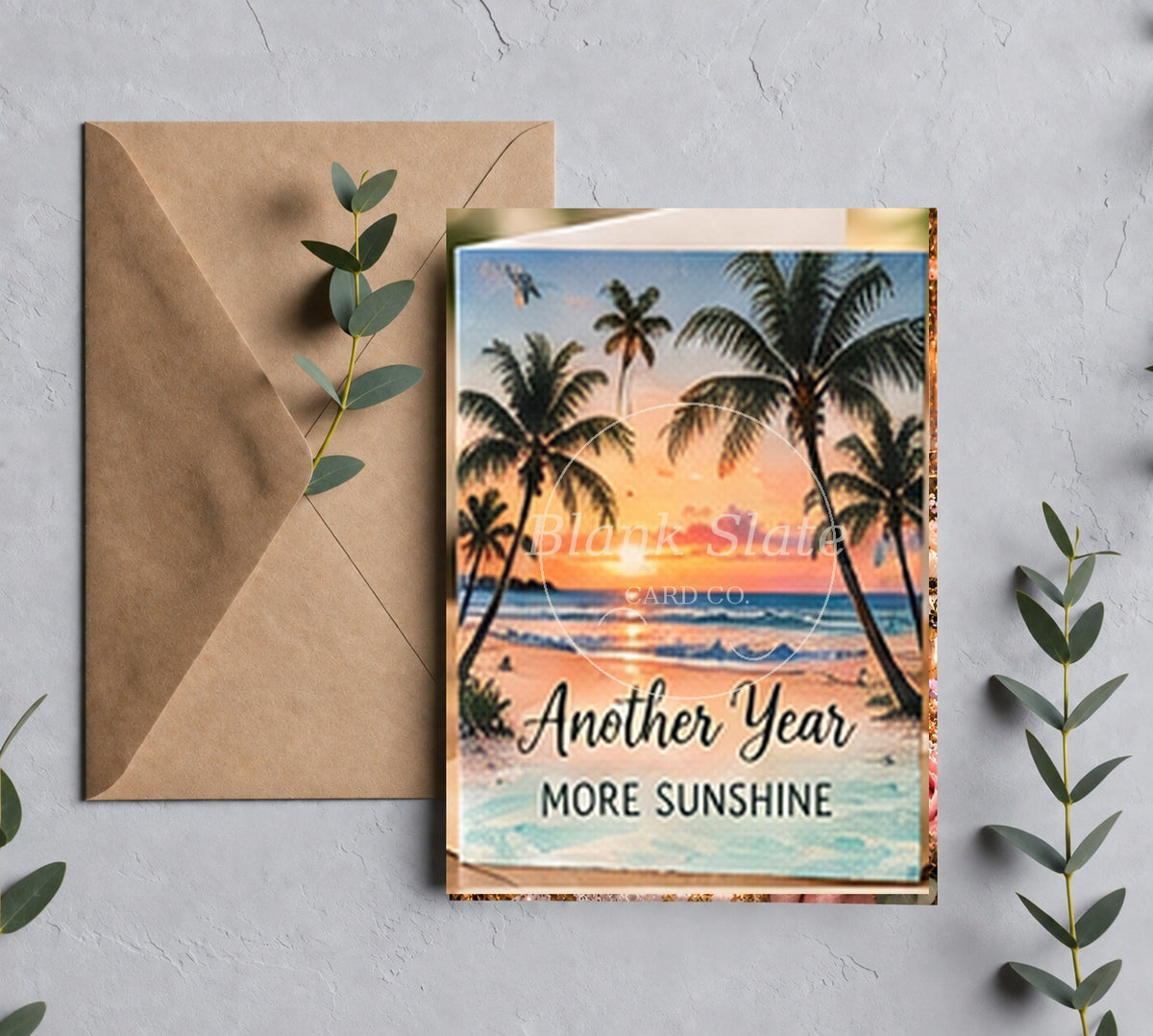 Beach sunset birthday greeting card with Blank Slate Card Co. watermark