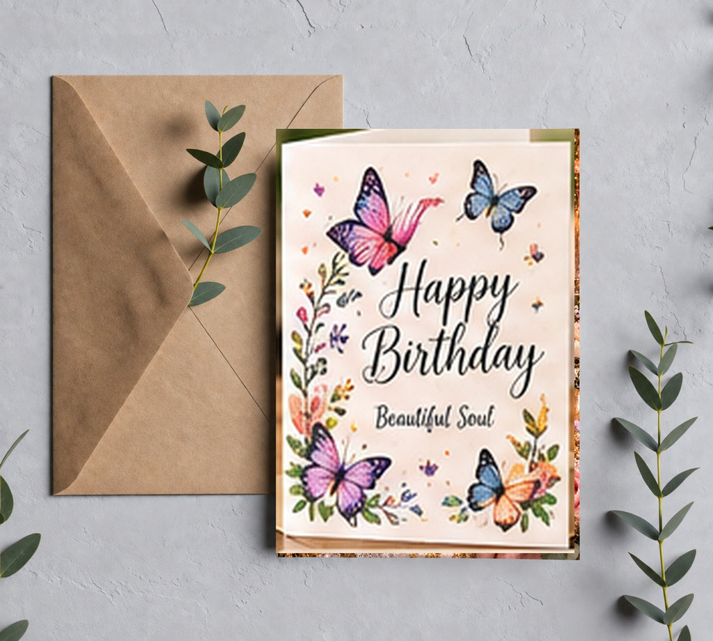 Beautiful Soul floral birthday greeting card mockup with kraft envelope