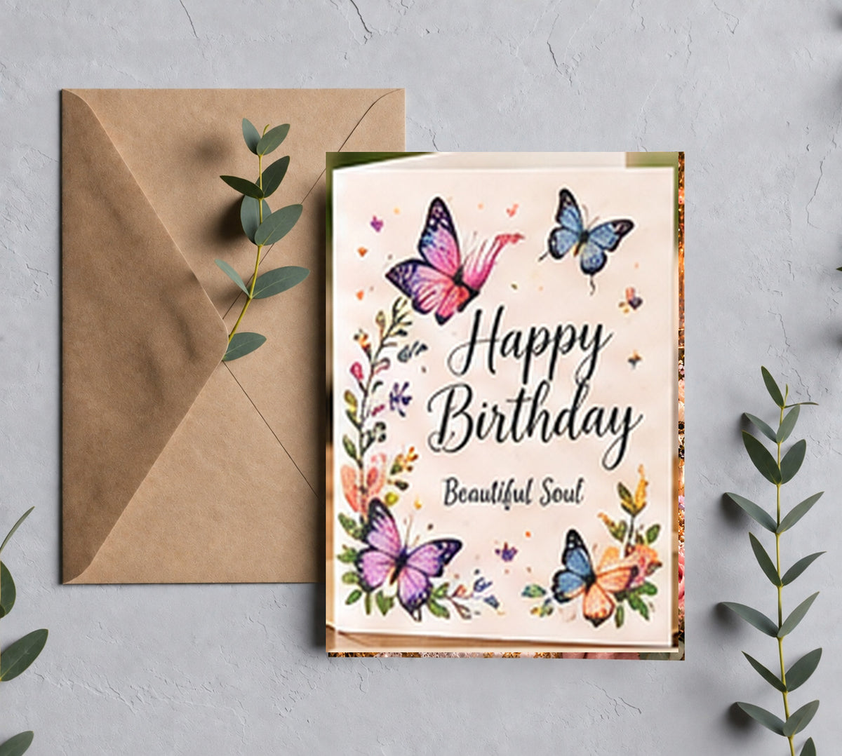 Beautiful Soul floral birthday greeting card mockup with kraft envelope