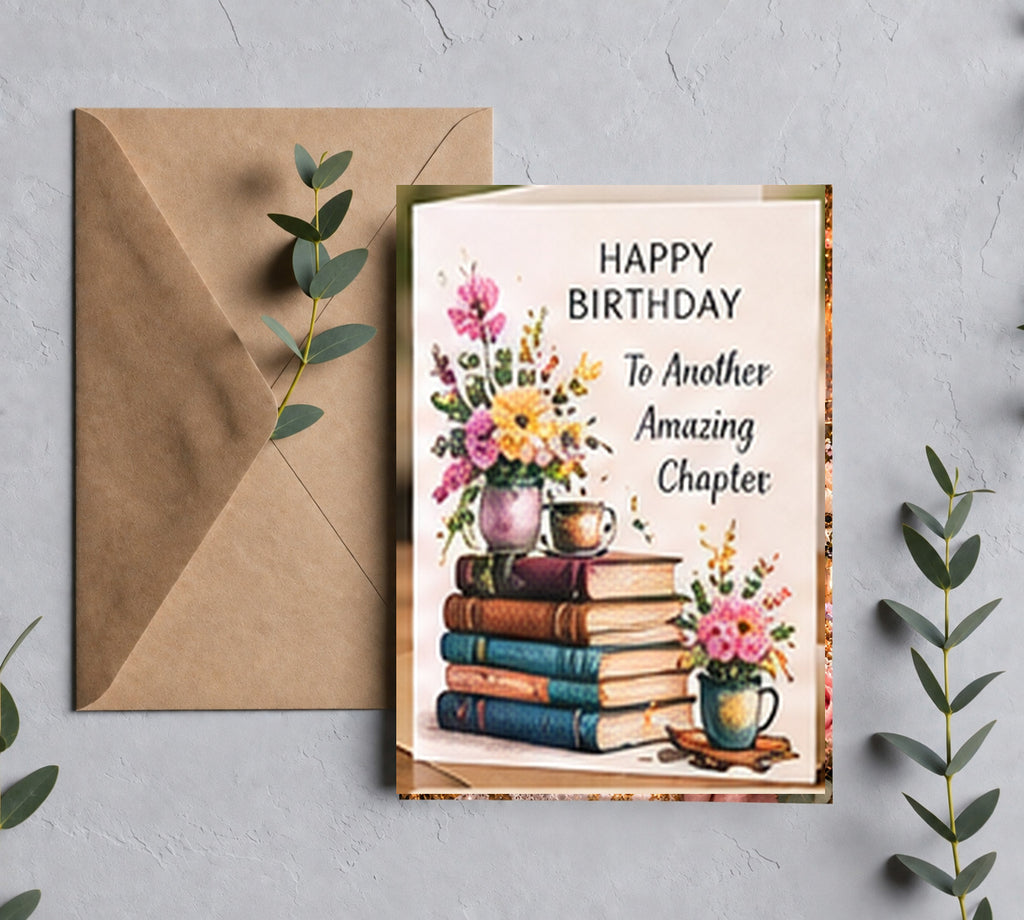 Birthday book lover greeting card mockup with kraft envelope
