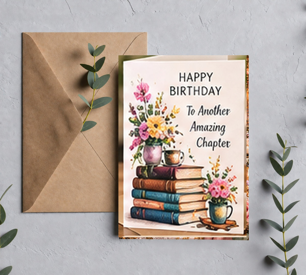Birthday book lover greeting card mockup with kraft envelope