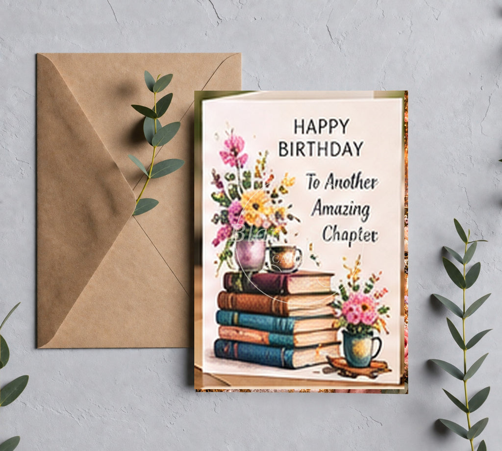 Birthday book lover greeting card with Blank Slate Card Co. watermark