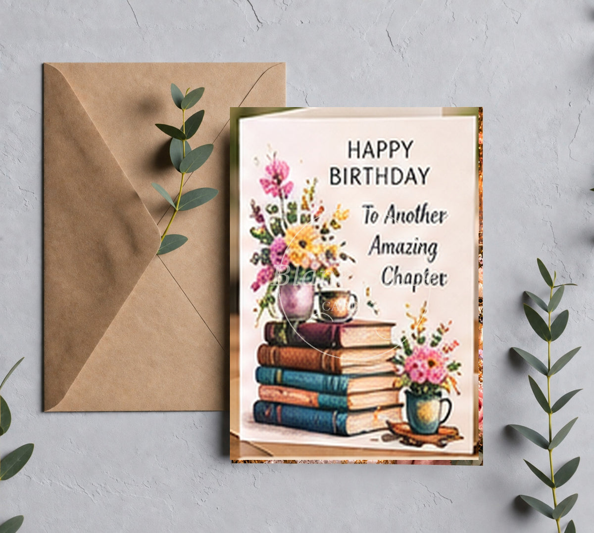 Birthday book lover greeting card with Blank Slate Card Co. watermark