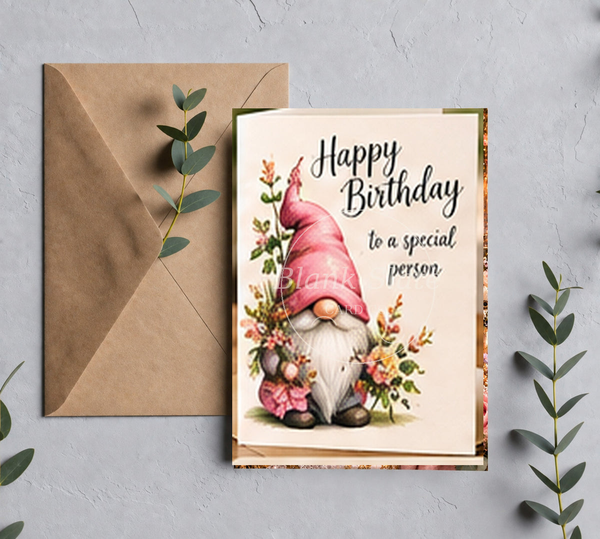 Birthday gnome greeting card with Blank Slate Card Co. watermark