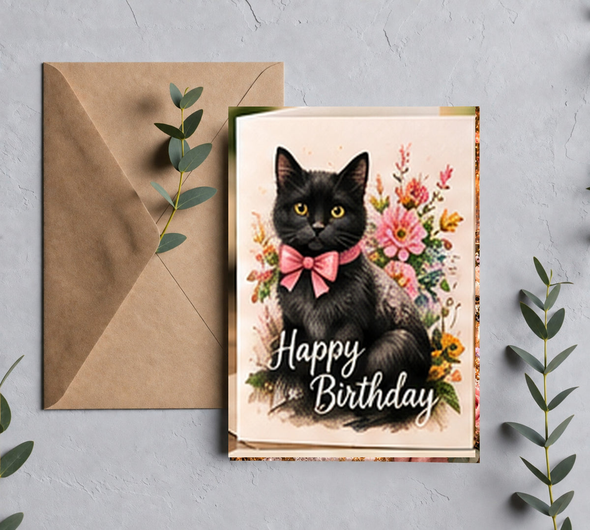 Black cat birthday greeting card mockup with kraft envelope