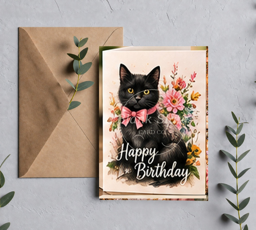 Black cat birthday greeting card with Blank Slate Card Co. watermark
