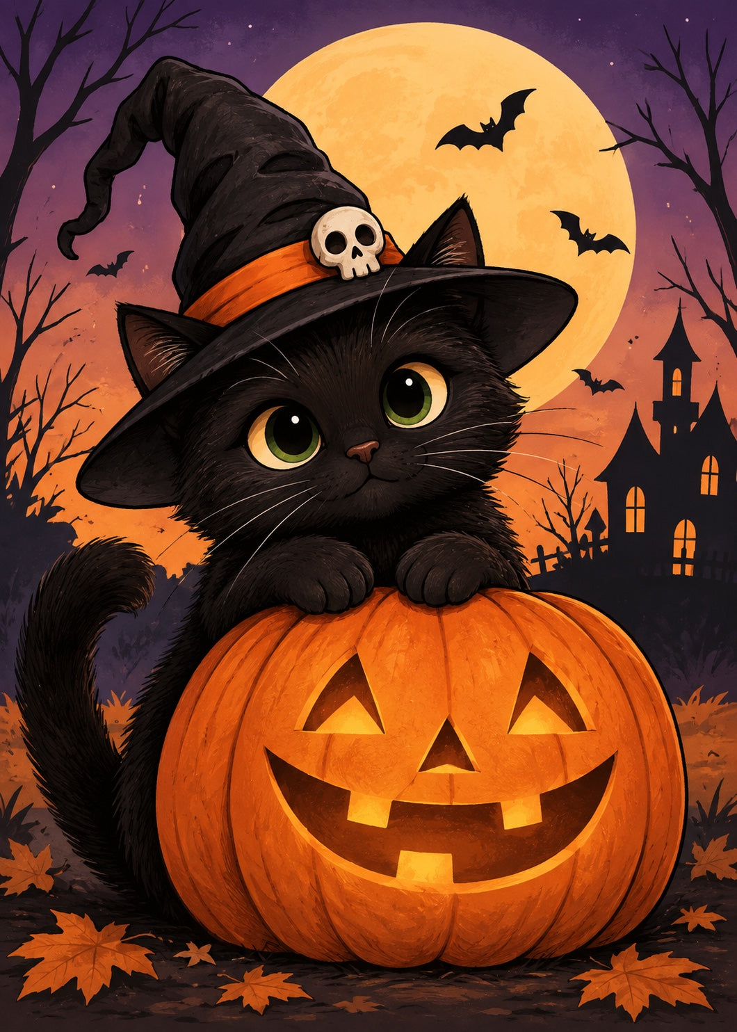 Cute black cat wearing a witch hat and sitting on a jack-o-lantern with a full moon, bats, autumn leaves, and haunted house