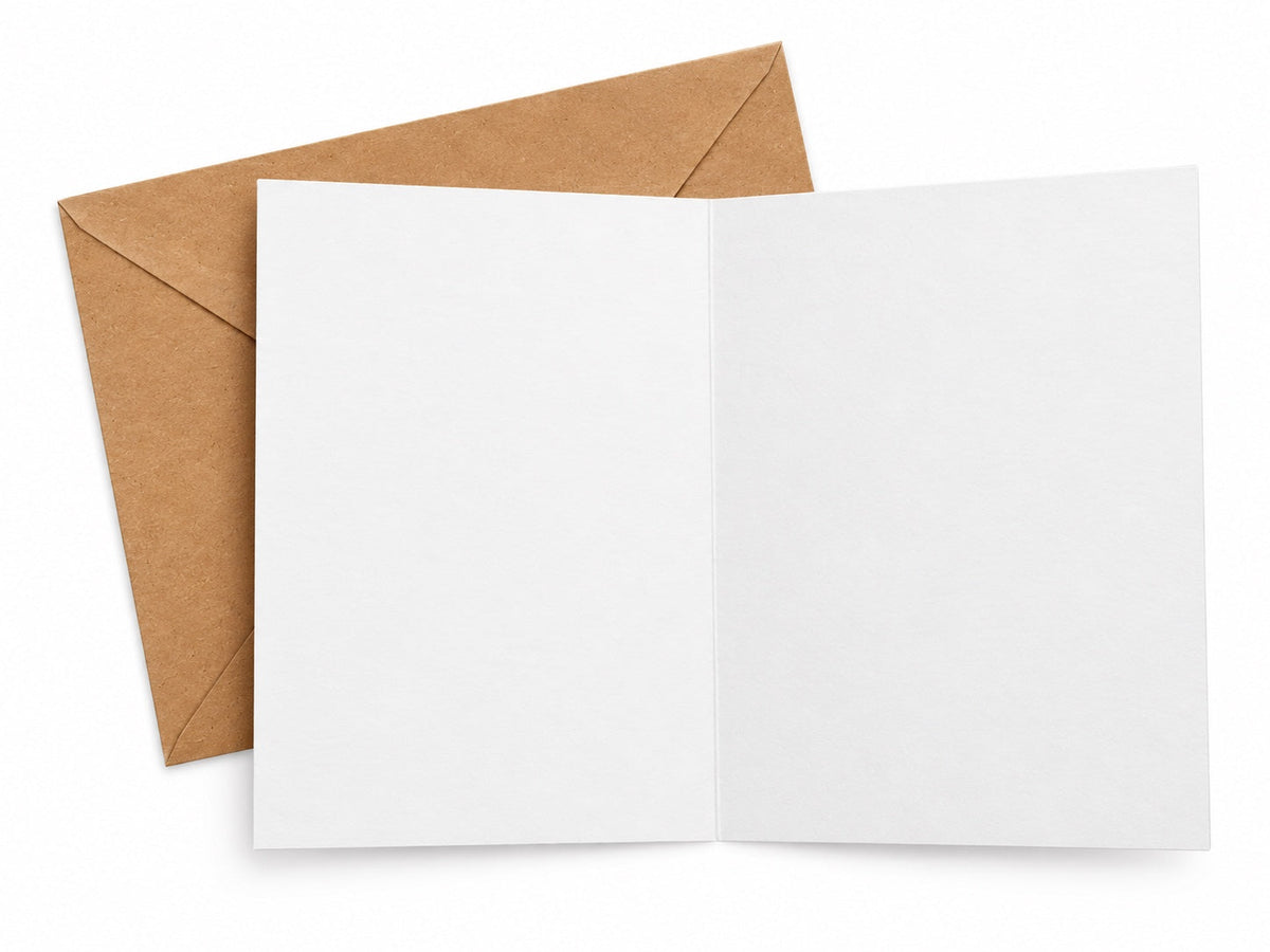 Blank 5x7 greeting card opened beside a kraft envelope
