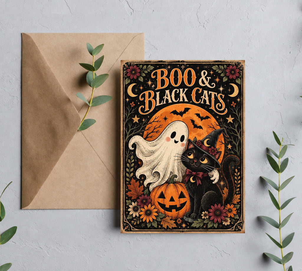 Boo and Black Cats vintage Halloween greeting card with brown envelope