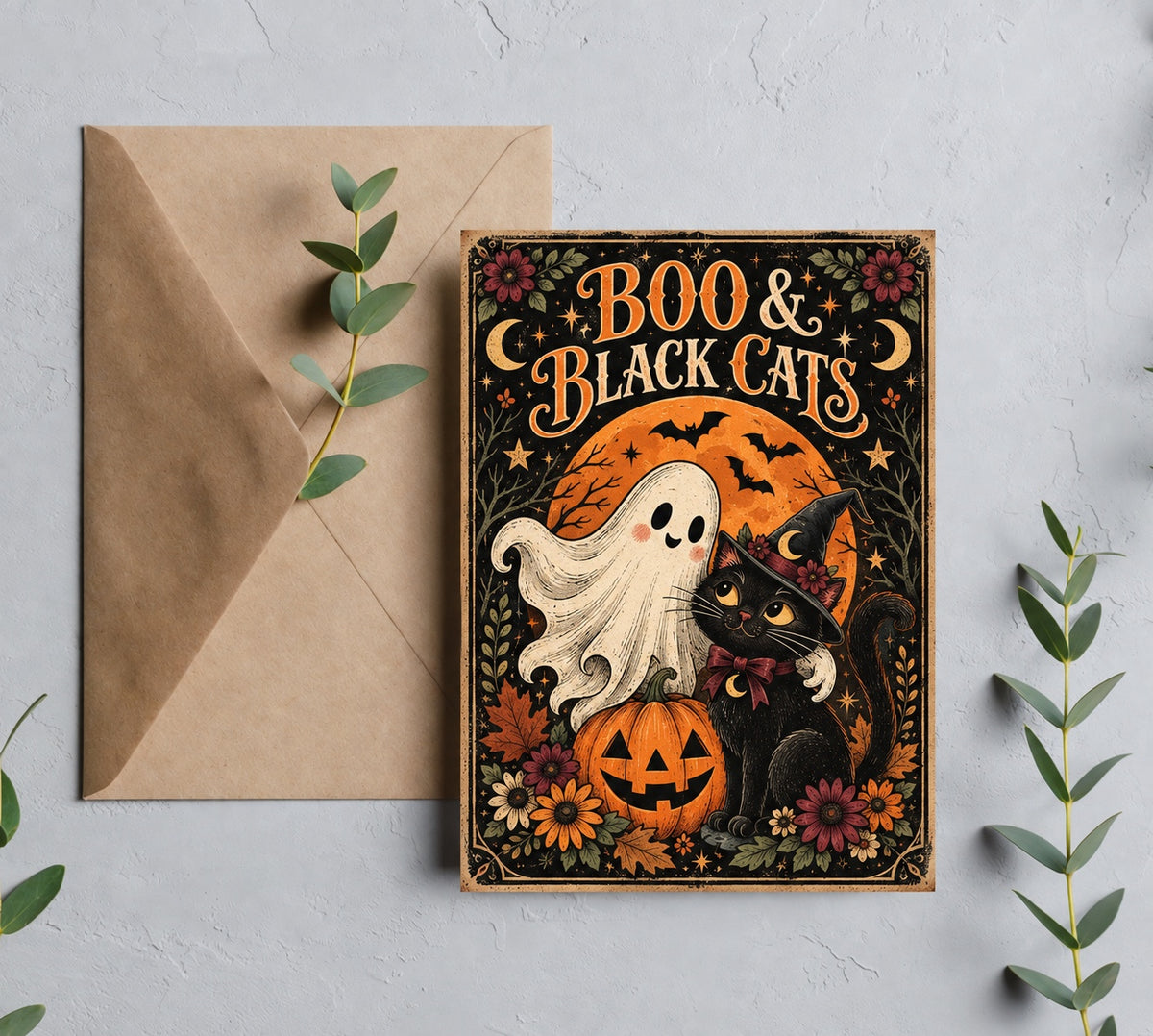 Boo and Black Cats vintage Halloween greeting card with brown envelope