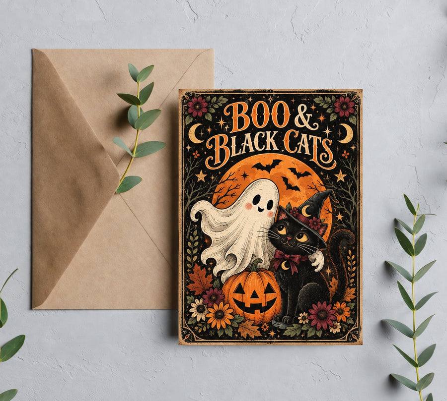 Boo and Black Cats vintage Halloween greeting card with brown envelope
