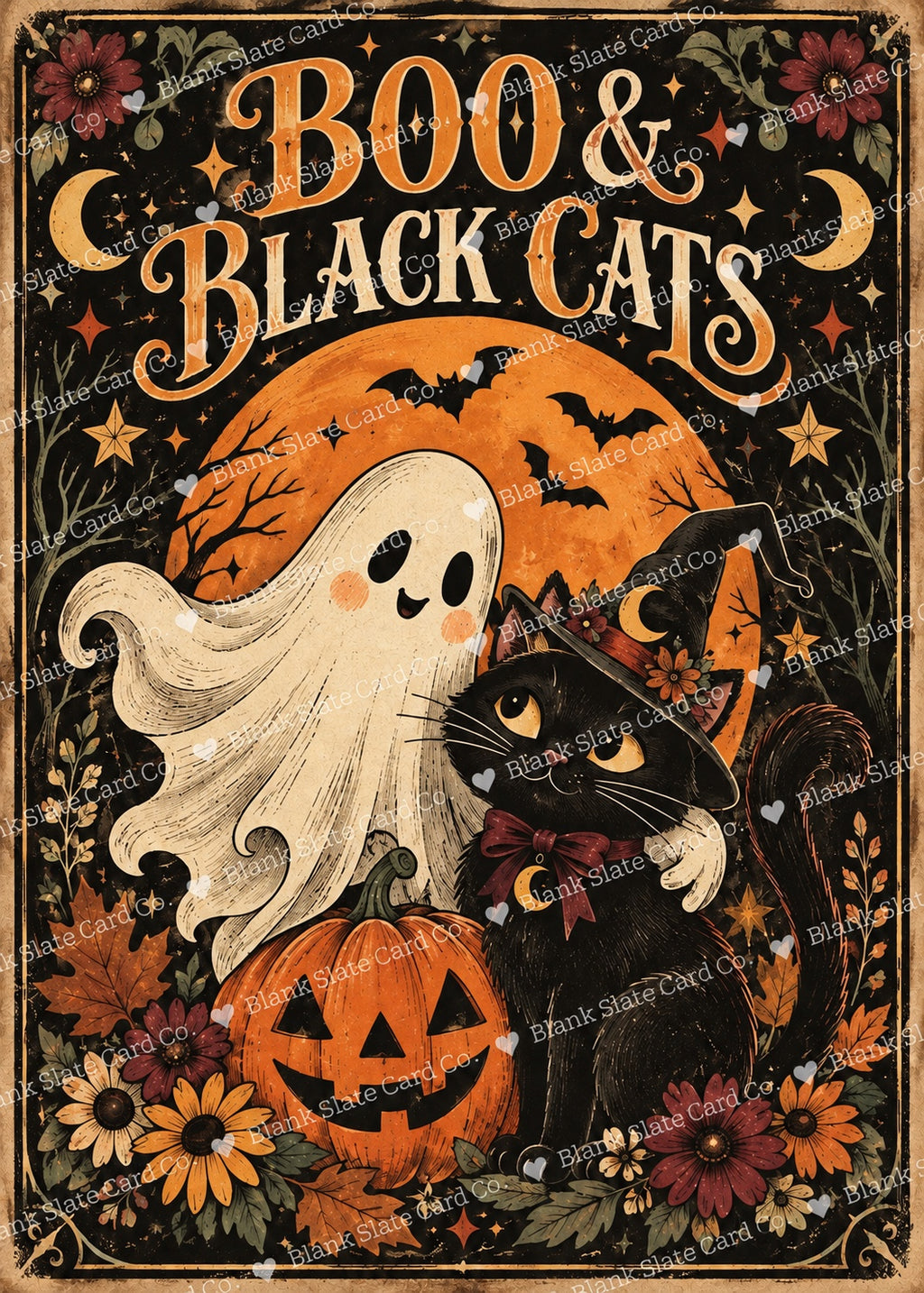 Boo and Black Cats vintage Halloween greeting card artwork