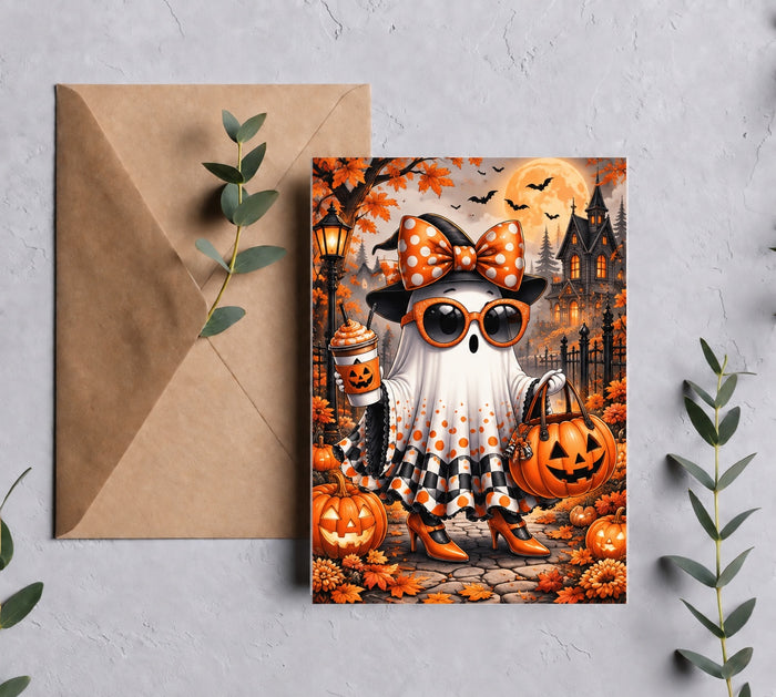 Boojee Ghost Halloween greeting card mockup with brown envelope