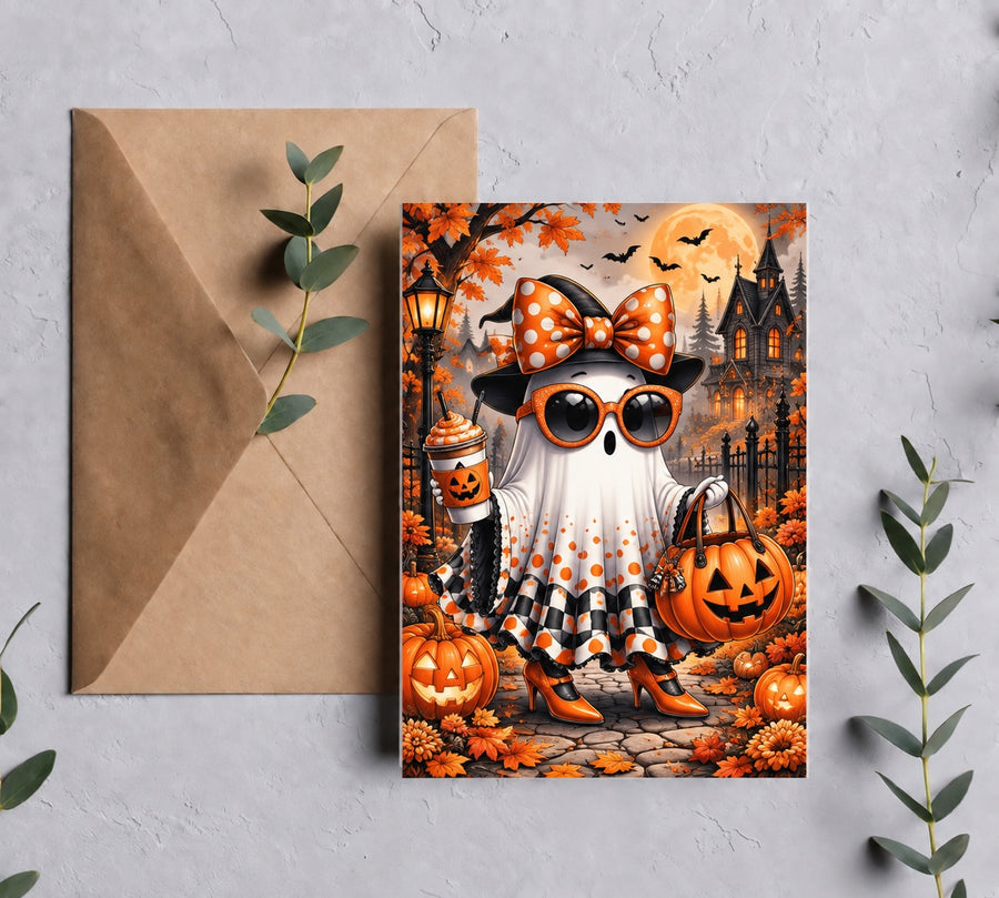 Boojee Ghost Halloween greeting card mockup with brown envelope