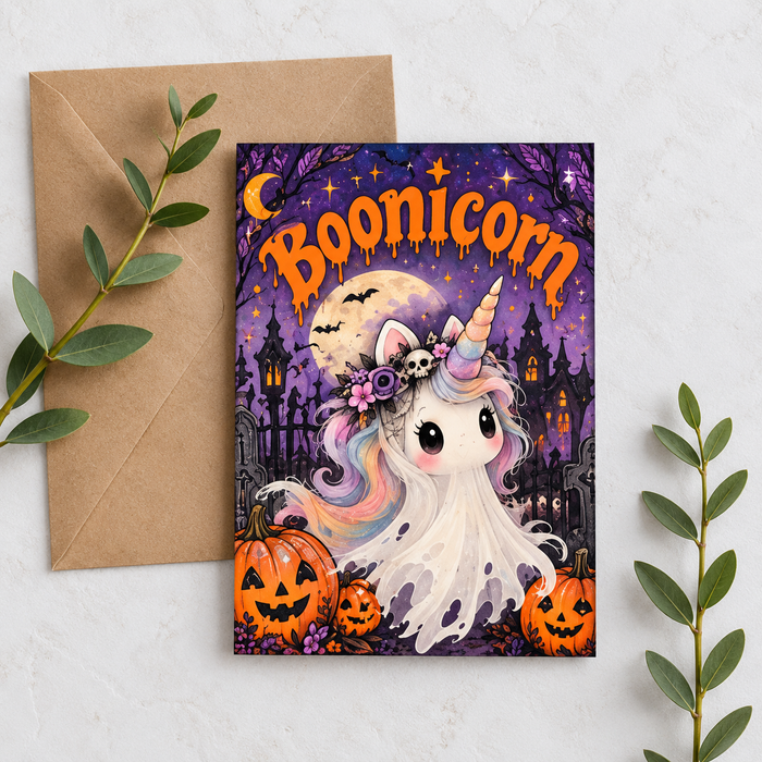 Boonicorn ghost unicorn 5x7 Halloween greeting card with kraft envelope on white background