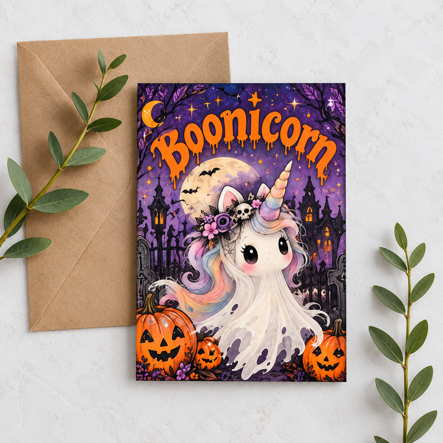 Boonicorn ghost unicorn 5x7 Halloween greeting card with kraft envelope on white background