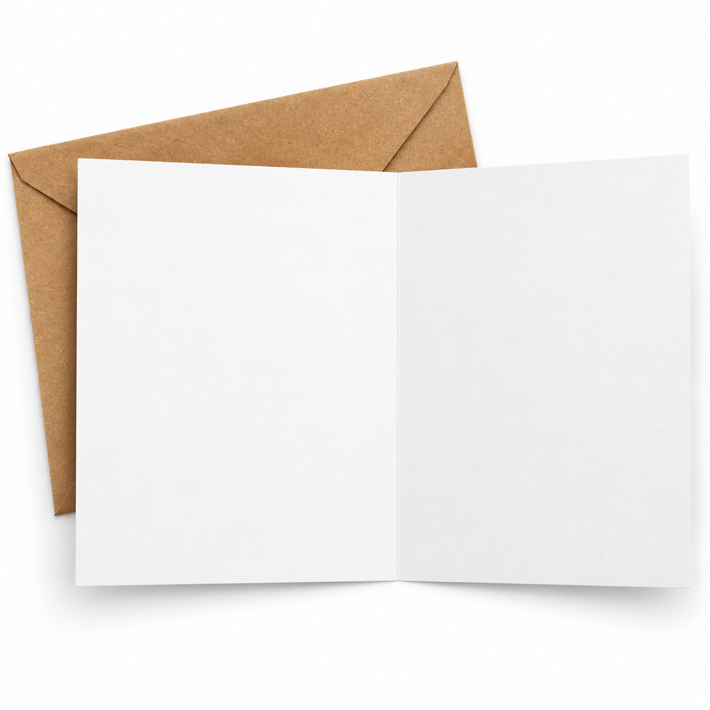 Blank inside of folded 5x7 greeting card with kraft envelope