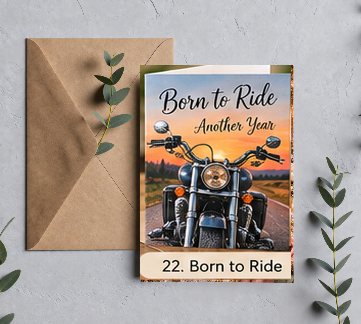 Born to Ride motorcycle birthday greeting card mockup with kraft envelope