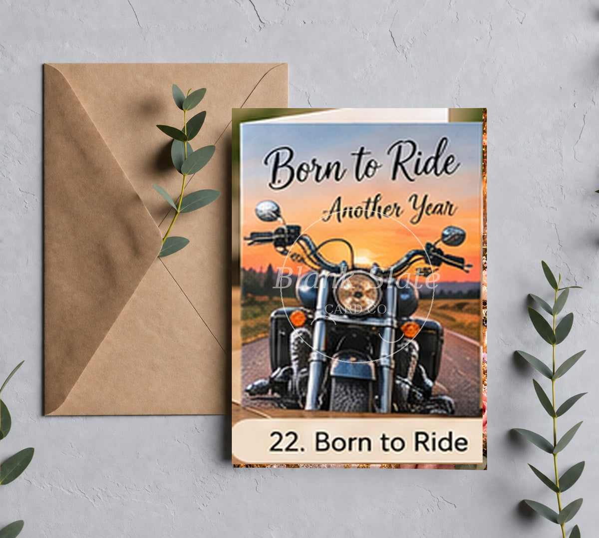 Born to Ride motorcycle birthday greeting card with Blank Slate Card Co. watermark