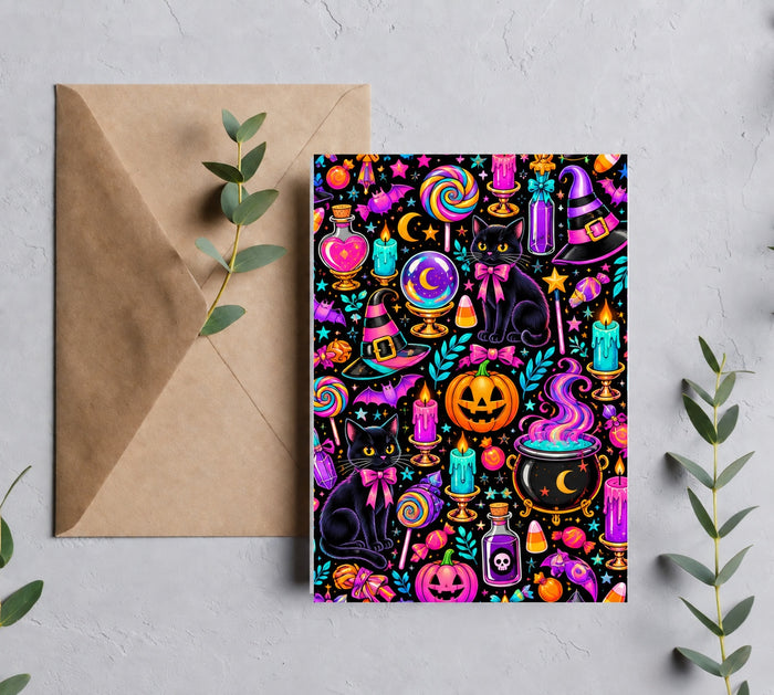 Candy Spell Halloween greeting card mockup with neon witchcraft pattern and kraft envelope