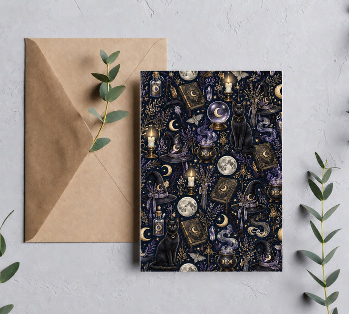 Celestial Witch Cosmic Spellcraft Halloween greeting card mockup with kraft envelope