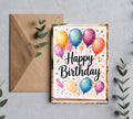 Colorful balloon birthday greeting card mockup with kraft envelope