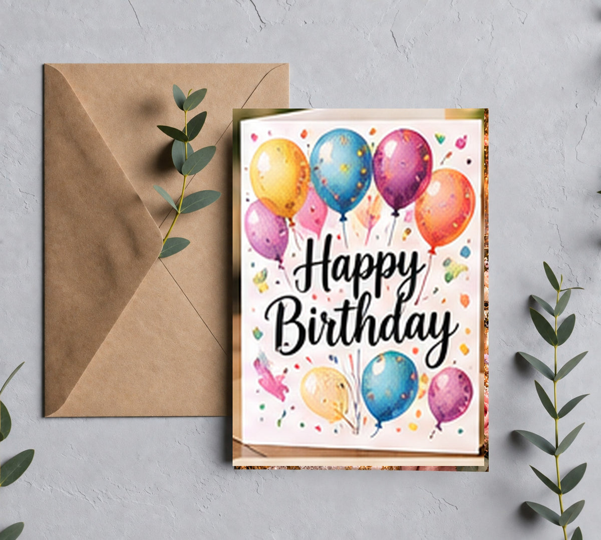 Colorful balloon birthday greeting card mockup with kraft envelope