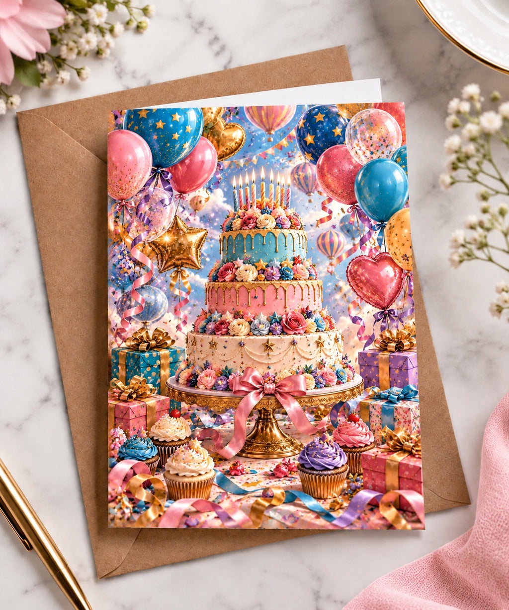Colorful birthday cake greeting card displayed with kraft envelope on marble
