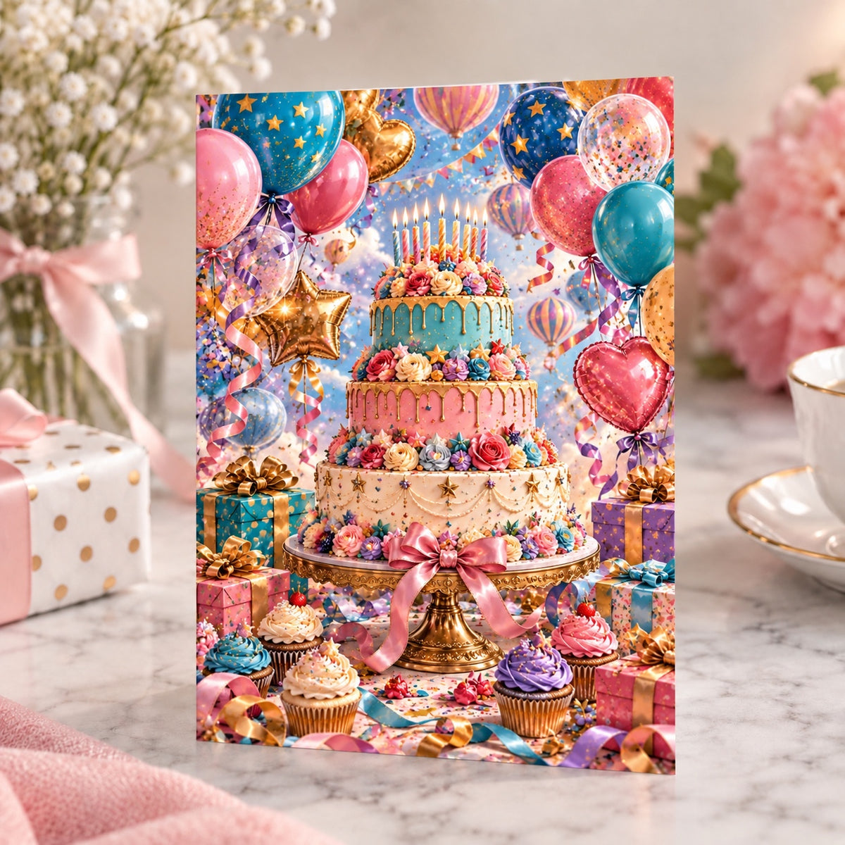 Colorful birthday cake greeting card standing upright on marble with flowers
