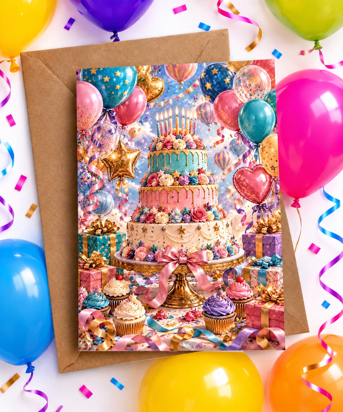 Colorful birthday cake greeting card with balloons and confetti