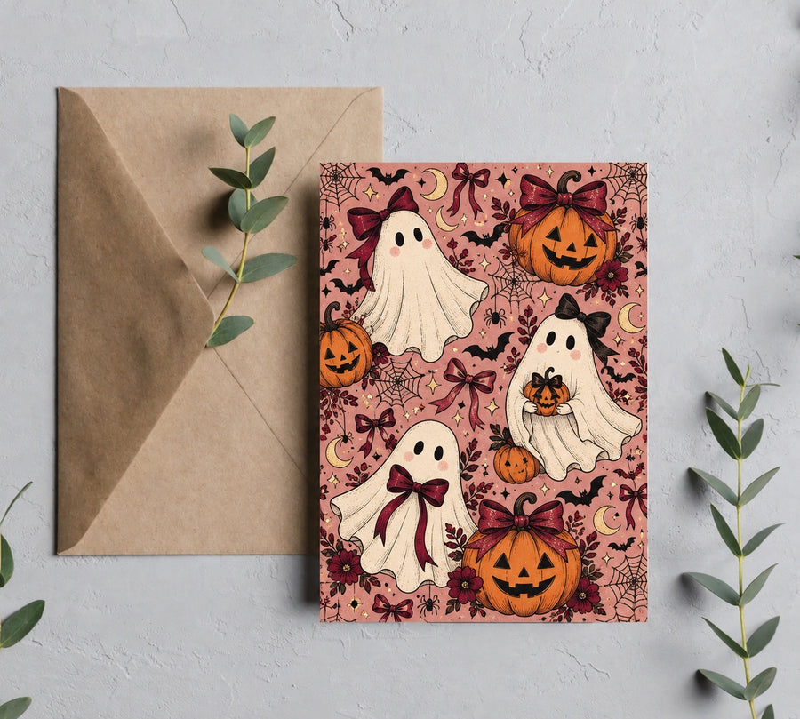 Coquette Halloween ghosts and bows 5x7 greeting card with kraft envelope