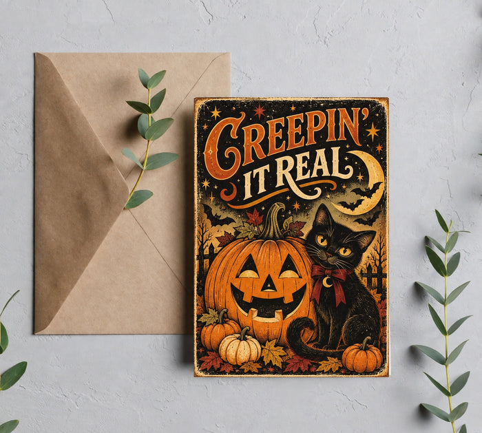 Creepin It Real vintage Halloween greeting card with black cat, pumpkin and brown envelope