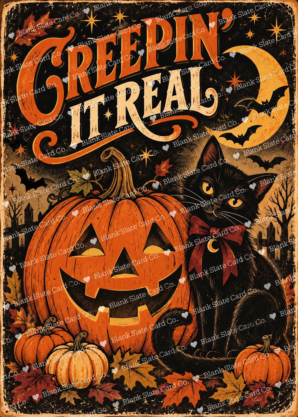 Creepin It Real vintage Halloween greeting card artwork with black cat and jack-o-lantern