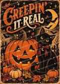 Creepin It Real vintage Halloween greeting card artwork with black cat and jack-o-lantern