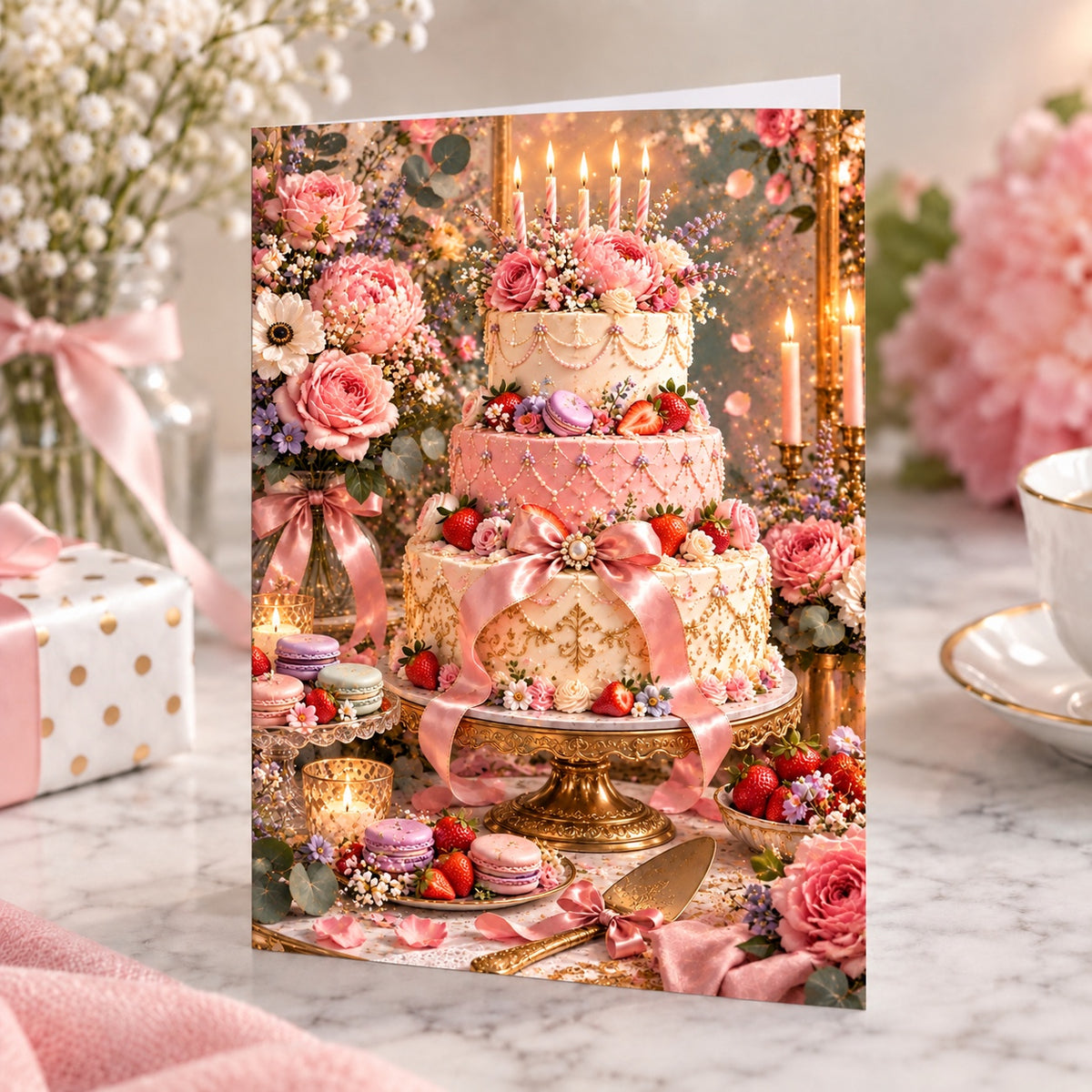 Elegant pink birthday cake greeting card displayed upright with floral birthday party setting
