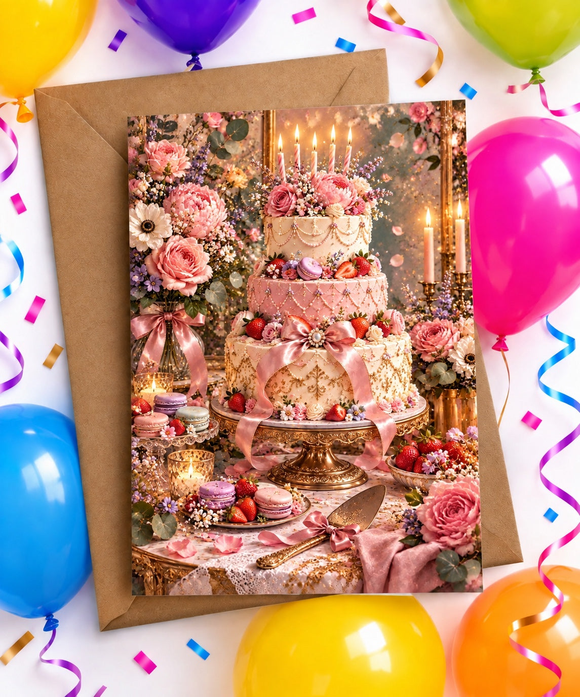 Elegant birthday greeting card featuring a pink floral cake with colorful balloons and kraft envelope