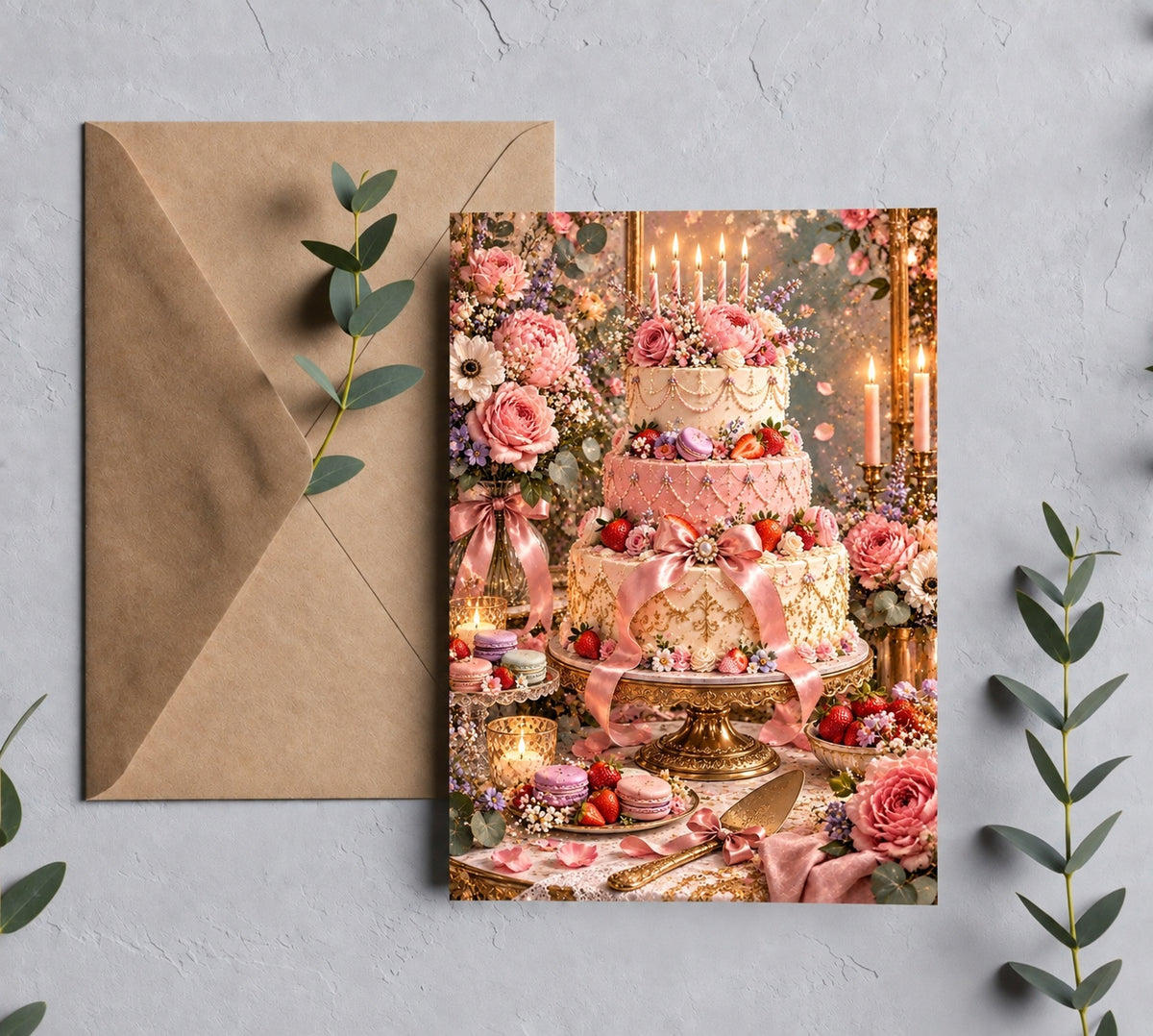 Elegant pink and white three-tier birthday cake greeting card with flowers, strawberries, macarons and candles