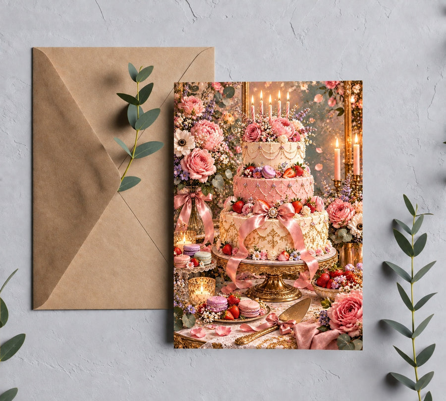Elegant pink and white three-tier birthday cake greeting card with flowers, strawberries, macarons and candles